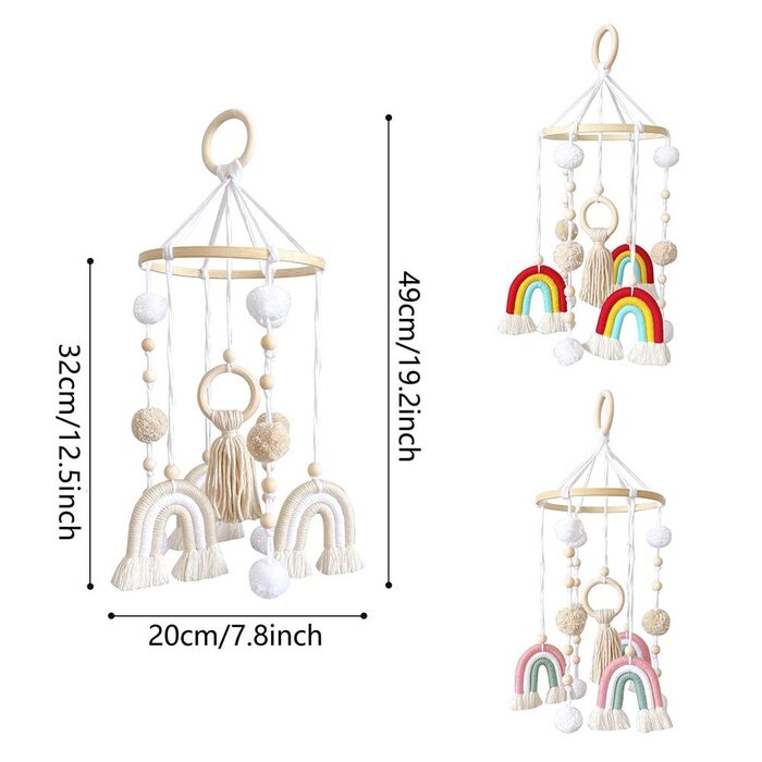 Дитячі дзвіночки вітру, мобіль дитячого ліжечка, дерев'яні намистини з фетровими кульками, райдужний іграшковий мобіль, мобіль дитячого ліжечка, дерев'яний мобіль дитячого ліжечка, прикраса 02
