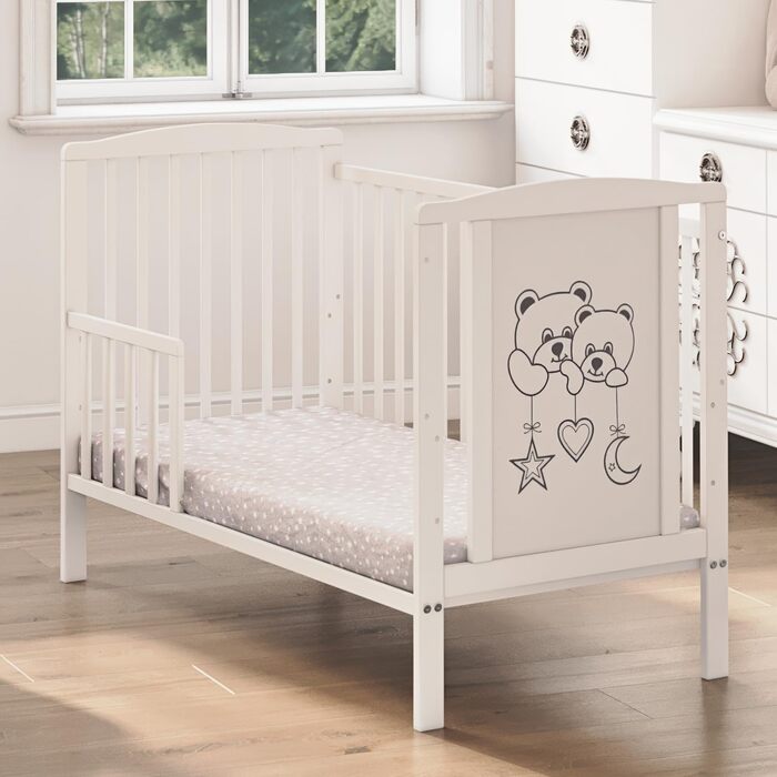Звичне дерев&39яне дитяче ліжко 60120 см Модель Два ведмеді біле з бар&39єром для перетворення 3-позиційна регульована по висоті рейкова основа знімні бруски без матраца. Дитяче ліжко