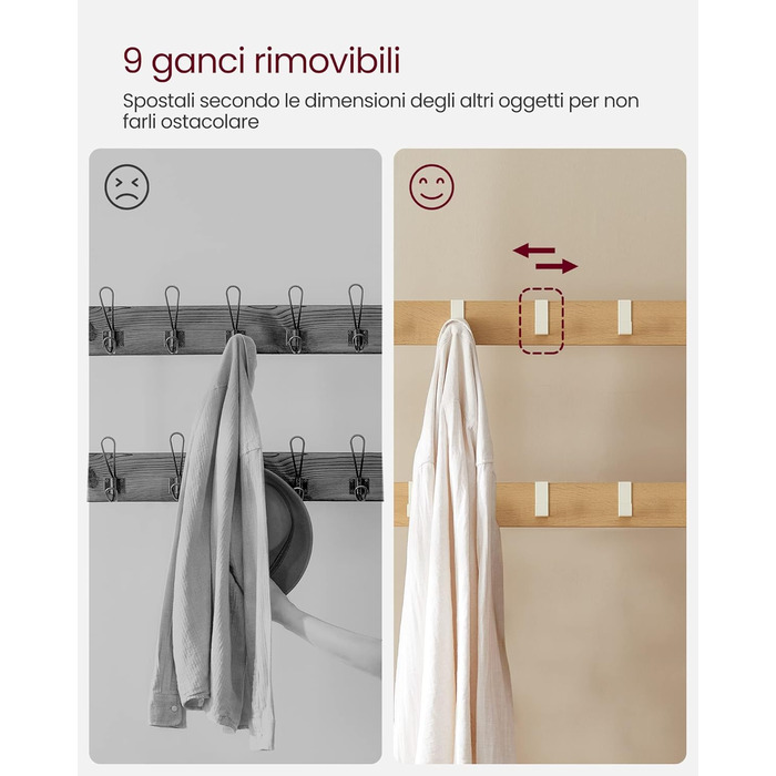 Вішалка для одягу VASAGLE, Шафа з лавкою для взуття, Дизайн 4-в-1, 9 знімних гачків, Штанга для одягу, Вхідна зона, Коридор, 33,7 x 72 x 183 см, Сучасний, Дубово-білий HSR40W 72B см Кремовий