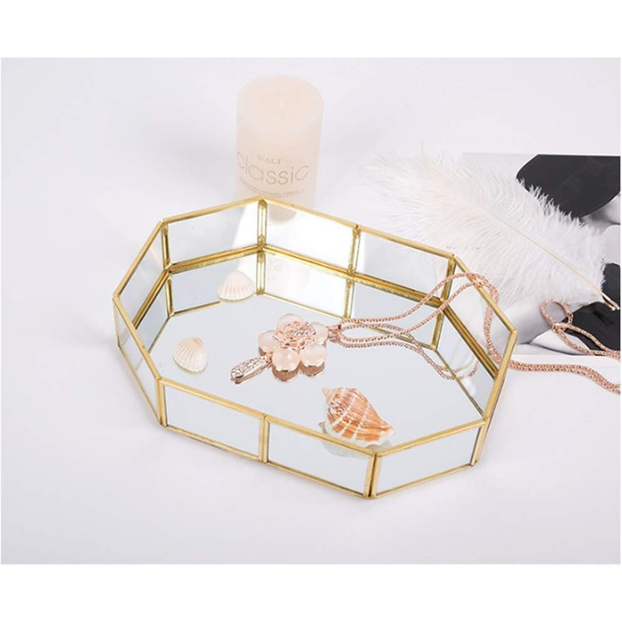 Скляний піднос Hggzeg золотистого кольору, багатокутний металевий, декоративний піднос, піднос для ювелірних виробів, парфумів, органайзер, піднос для макіяжу для туалетного столика, комода, ванної кімнати, спальні (маленький)