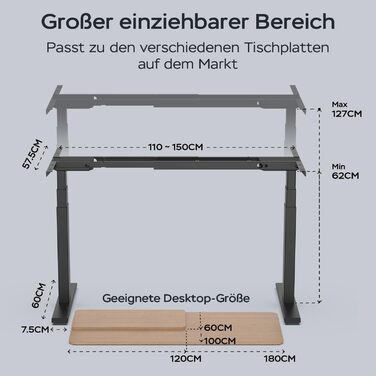 Рама столу DeHong з регулюванням висоти та 2 двигунами, 3-рівнева електрична регульована висота рами столу, функція пам&39яті та плавний старт/зупинка, 6BPLUS чорного кольору