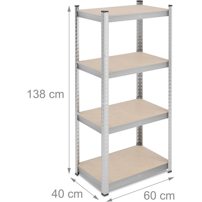 Міцний стелаж Relaxdays, ВxШxГ 138x60x40 см, 200 кг, сталь, 4 полиці, полиця для зберігання, для підвалу, гаража, підключається до мережі, сріблястий