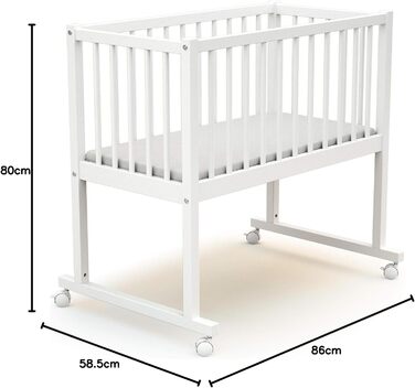 Дитяче ліжко-колиска, дерев&39яне з колесами, 40x80 см, ESSENTIEL Біле 86 x 58,5 x 80 см Дитяче ліжко з матрацом у комплекті (40x80x5 см) 4 колеса, що рухаються в різних напрямках Легко переміщувати, 4 -