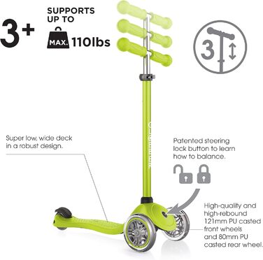 Самокат дитячий, 120/80 мм, ABEC 5, 3 колеса, регульований по висоті, один розмір зелений
