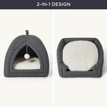 Котяче ліжко BEDSURE для великих котів, котяча печера - 40x40x40 см для приміщень зі знімною подушкою для котів шерпа та підвісною іграшкою, котяче ліжко, яке можна прати, темно-сіре