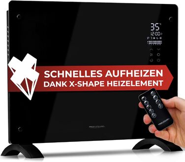 Електричний обігрівач ProfiCare зі скляною передньою частиною та X-подібним нагрівальним елементом портативний обігрівач, також підходить для настінного монтажу конвекторний обігрівач з 2 режимами нагріву безшумний нагрів - 0 дБ PC-GKH 3118 чорний