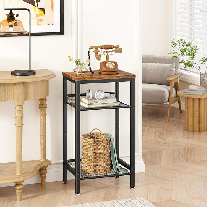 Журнальний столик YMYNY, тумбочка з регульованими полицями та ніжками, телефонний столик, столик для дивана з дерева, металевий каркас, індустріальний стиль, для вітальні, спальні, офісу, рустикальний коричневий HST005H 1-елементний рустикальний коричневи