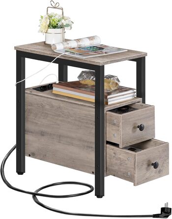Журнальний столик HOOBRO із зарядною станцією, диван-столик з 2 шухлядами, USB-портом та розеткою, тумбочка для невеликих приміщень, стабільна та міцна, для вітальні, спальні, сірий колір EBG542BZ01