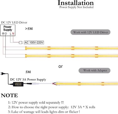 Світлодіодна стрічка JOYLIT 12V COB 6 М тепла біла 3000K для приміщень 320 світлодіодів/м CRI 90 Самоклеюча, гнучка світлова стрічка для шафи, полиці, шафи, сходів (тільки світлодіодна стрічка) 3000k 6M COB