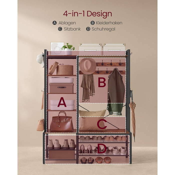 Вішалка для пальто VASAGLE з лавкою для взуття, шафа, 5 полиць з ДСП, 9 потрійних гачків, 6 бічних гачків, 40 x 120 x 190 см, вінтажний коричневий-чорний HSR426B01 Вінтажний коричневий чорнильний