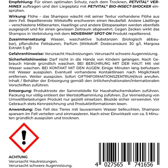 Шампунь Petvital Verminex для захисту від паразитів для всіх домашніх тварин, 250 мл