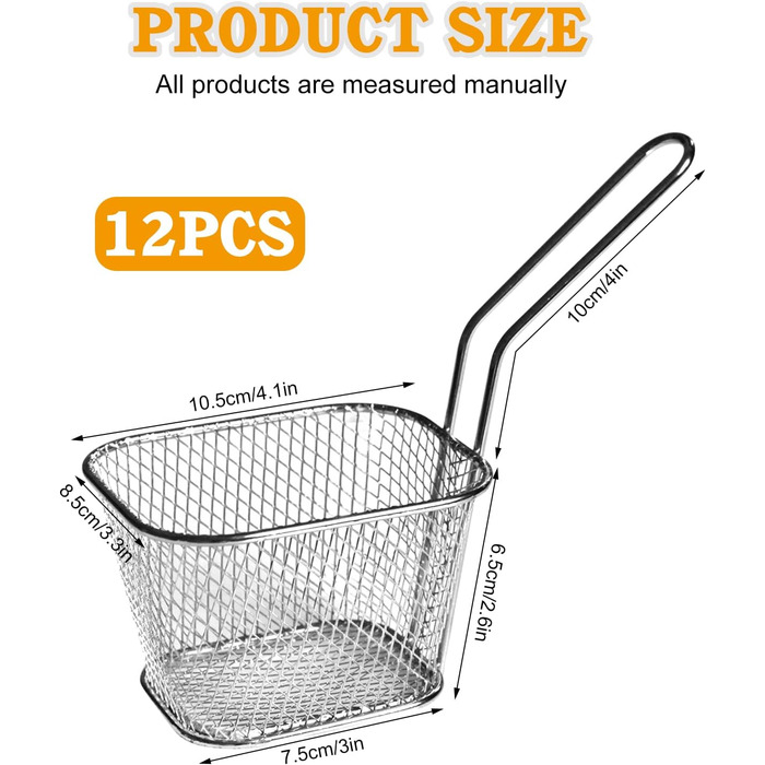 Кошик для картоплі фрі Sporgo 12 шт. маленький кошик для смаження з нержавіючої сталі, срібний кошик для картоплі фрі, кошик для смаженої їжі з ручкою, кошик для фритюрниці, кільця цибулі, курячі нагетси (1)