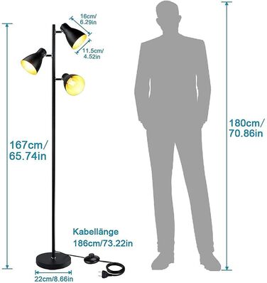 Торшер Ретро торшер з лампочкою E27, поворотний торшер з 3 полум'ями, металевий торшер Стельовий омийник чорний, Торшер для читання Торшер для вітальні, спальні, офісу, 3 Light Tree