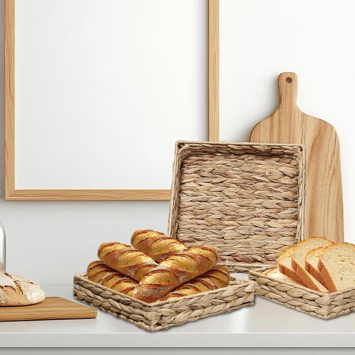 Набір із 3 підносів для зберігання, сплетених з водяного гіацинта та морської трави, квадратні декоративні підноси для подачі, кошики для зберігання ручної роботи з водяного гіацинта для вітальні, їдальні та ванної кімнати, кухні