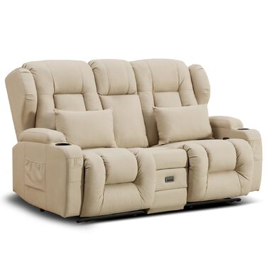 Двомісний диван з функцією сну, крісло-рекордер для телевізора з функцією відкидання спинки, сидіння для домашнього кінотеатру з консоллю, підсклянник, шухляда, розетка, бежевий