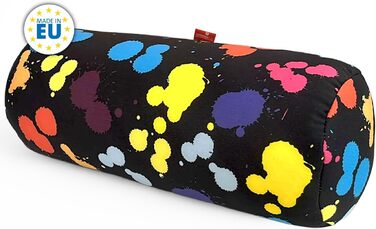 Кругла антистресова подушка для релаксації Знімає напругу в шиї та поперековому відділі хребта Зручний наповнювач з гранул Тканина лайкра Можна прати в пральній машині 35 x 15 см (Чорна з кольоровими цятками) Різнокольорова