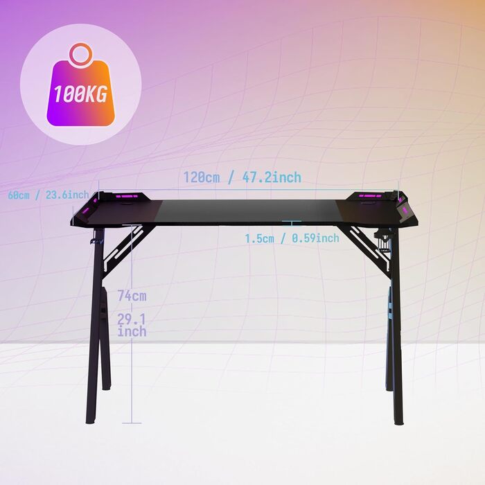 Ігровий стіл 120x60 см Ігровий стіл зі світлодіодним освітленням Комп&39ютерний стіл з карбоновою поверхнею Офісний стіл ПК з гачком для навушників та тримачем для напоїв, чорний 120 см
