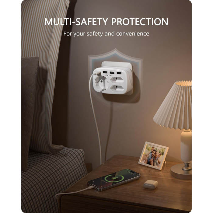 Розетка 7 в 1 адаптер для декількох розеток, 3 відділення подвійний євро і 1 вилка Schuko з 3 USB і USB-C з'єднаннями, подвійна ви