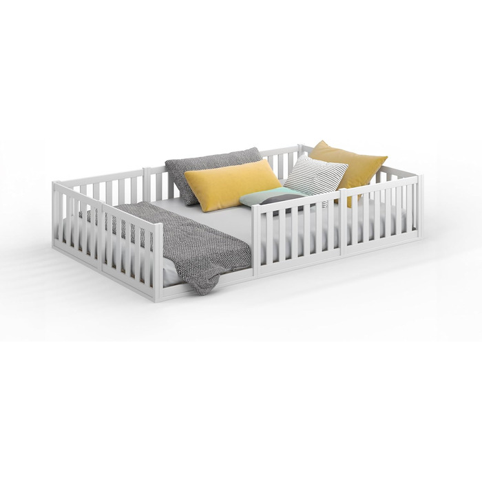 Дитяче ліжко CADANI Teso 120x200 см Ліжко-підлога Монтессорі, вантажопідйомність до 200 кг, із захистом від падіння, включаючи рейкову основу, масив сосни, білий колір - 3 варіанти складання, 120 x 200 см, білий колір