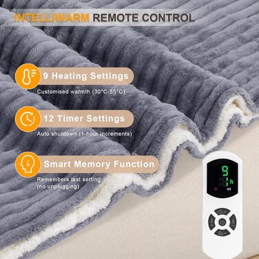 Електрична ковдра з підігрівом Nalone, ковдра з підігрівом та автоматичним вимиканням 160 x 130 см, ковдра з підігрівом та 9 налаштуваннями температури 12-годинний таймер Захист від перегріву Фланелева ковдра з підігрівом, яку можна прати в пральній машин
