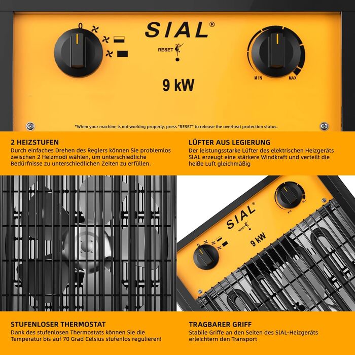 Електричний обігрівач SIAL 9000 Вт, 400 В - Будівельний обігрівач/осушувач повітря - Промисловий обігрівач з 2 режимами нагріву - Для гаражів, майстерень, будівельних майданчиків - DA9 - Чорний 9 кВт-Чорний