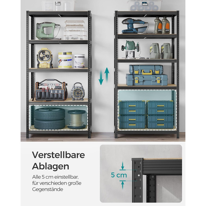 Ярусний стелаж SONGMICS, 50 x 100 x 200 см, вантажопідйомність 600 кг, регульовані полиці, індустріальний стиль, для кухні, вітальні, чорний GLR050B01 50 x 100 x 200 см Чорний, 5-