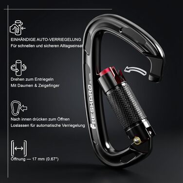 Карабін для альпінізму FresKaro 25kN, сертифікований CE, з поворотним замком, великий 10 см, швидкознімний та міцний, витримує максимум 2550 кг, підходить для альпінізму, спуску на веревках, повідків для собак, чорний та сірий, чорний - 2 шт.