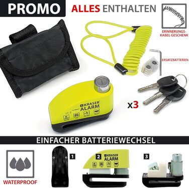 Протиугінний замок для мотоцикла з сигналізацією 110 дБ, посилений, 3 ключі (2 запасні). Високонадійний замок для мотоцикла та велосипеда, водонепроникний, з тросом нагадування 1.5 м, чохол. Універсальний замок, жовто-чорний., 6Y