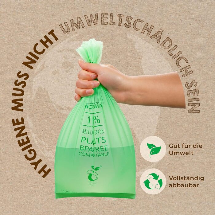 Біорозкладні пакети для сміття, 2/3 літра, 250 шт. - 26 x 29 см - 100 компостовані пакети для сміття - Вкл. диспенсер - Подарункові пакети для сміття