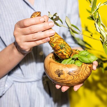 Набір розчинів і пестликів SOLTAKO з оливкового дерева - Ступка - Дерев'яна ступка - Екологічна трава, Розчин для спецій Ø Діаметр