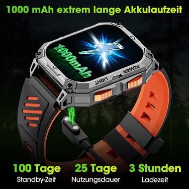 Чоловічий смарт-годинник, 2.01-дюймовий HD смарт-годинник із тривалим часом роботи батареї 1000 мАг, 114 спортивних режимів, фітнес-годинник у військовому стилі з датчиком серцевого ритму/крокоміром/монітором сну/ліхтариком, сумісний з Android iOS, помара