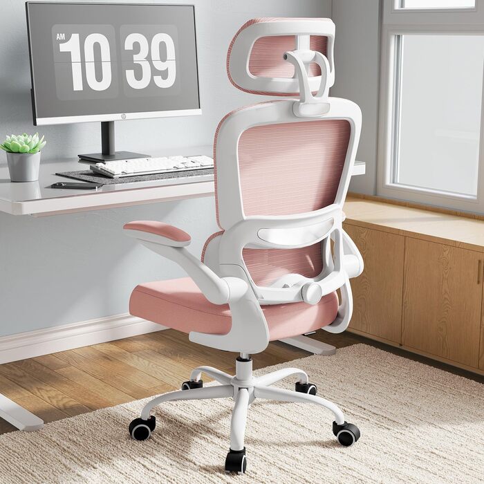 Ергономічне офісне крісло TRALT - Офісне крісло з регульованою поперековою опорою та підголівником, Ігрове крісло - Офісне крісло - Крісло для столу, Крісло для домашнього офісу, Ергономічне, Вага вантажопідйомність 150 кг, для високих людей, Рожеве