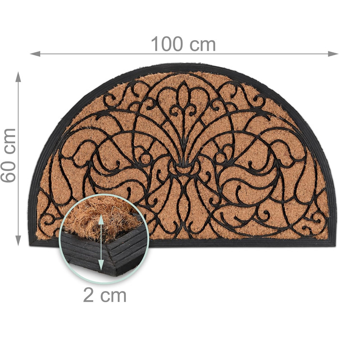Килимок для дверей Relaxdays, кокос та гума, напівкруглий, декоративний, 100 x 60 см, для використання всередині та зовні приміщень, нековзний килимок для уловлювання бруду, натуральний