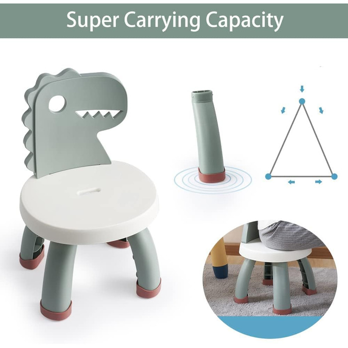 Дитячий стільчик Balama з пластику, дизайн динозавра, зелений, висота сидіння 25,3 см, для використання в приміщенні та на вулиці, без BPA, міцний та легкий