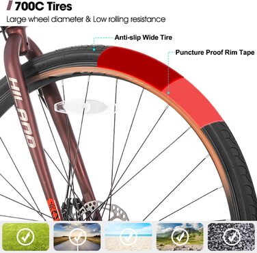 Шосейний велосипед Hiland 28 дюймів, 21 передача, міський велосипед для чоловіків з дисковими гальмами, рама 530 мм, комфортний шосейний велосипед, колеса 700C, чорний/червоний/срібний, розмір M