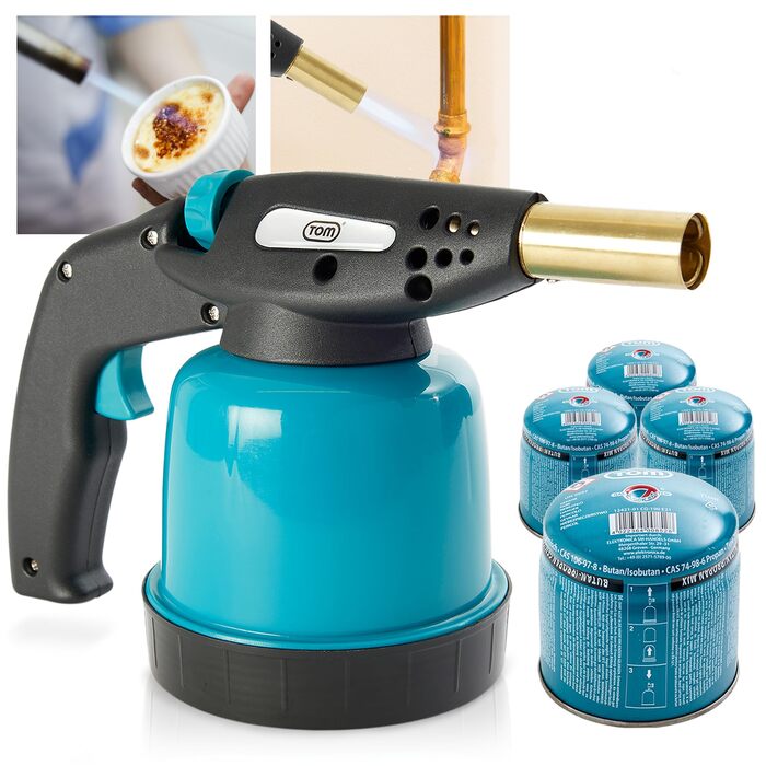 Комплект газових паяльників TOM вкл. 4 універсальні газові балончики по 190 г 1300C Паяльна лампа для мякого або твердого паяння Пєзорозпал Газовий пальник Бунзена (паяльник з 4 газовими балончиками)