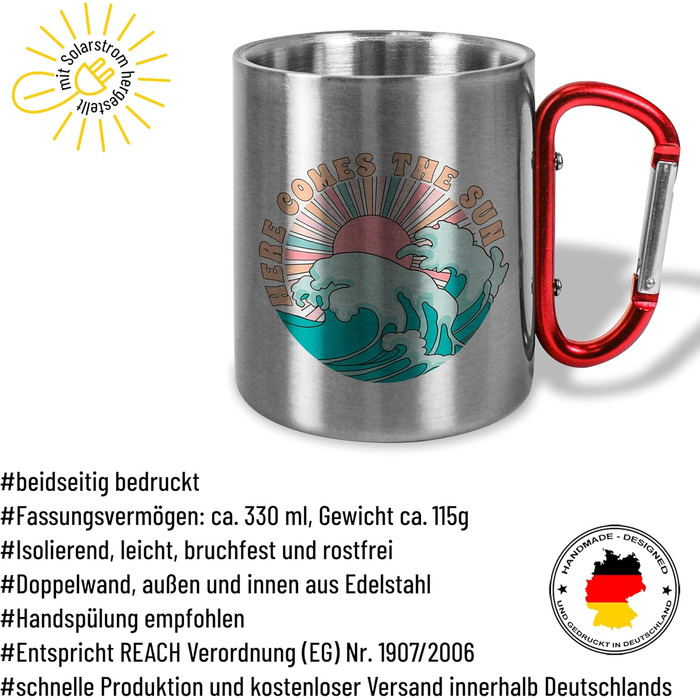 Металева кружка з нержавіючої сталі з карабіном, приблизно 330 мл, Сонце сходить - Кемпінгова кружка - Подарунки для чоловіків та жінок на свята