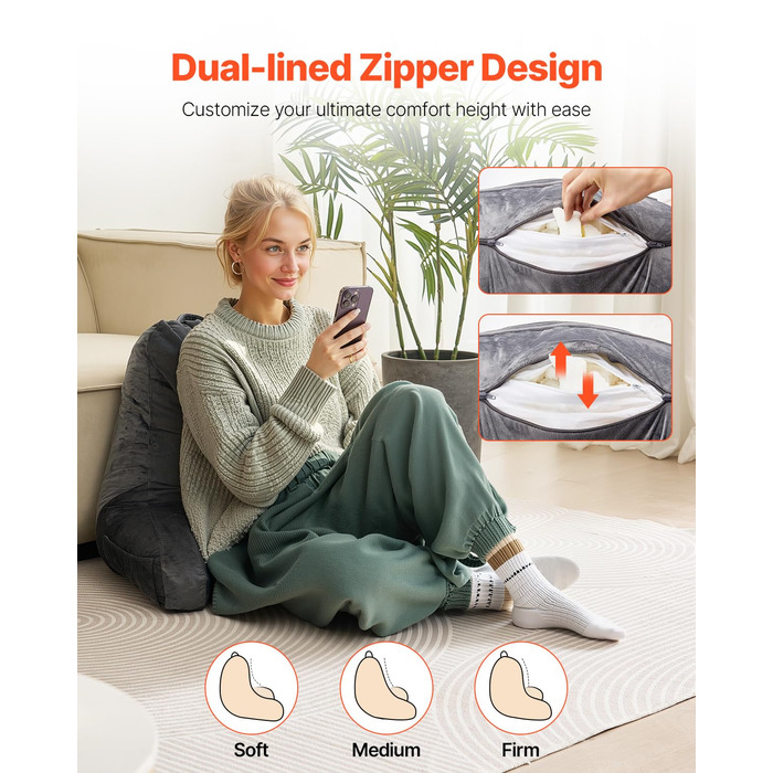 Подушка для читання VEVOR (велика) з подрібненим пінним матеріалом з ефектом пам&39яті, подушка для спини (381 x 508 x 254 мм) з 3 кишенями та коротким оксамитовим чохлом, який можна прати, верх з ручкою, для перегляду телевізора, читання, ігор