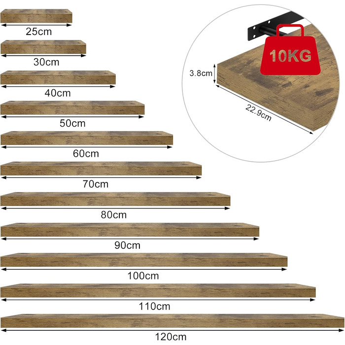 Настінна полиця WOLTU, Плаваюча полиця, Вільно плаваюча полиця, Настінна полиця для книг, картин, декору 120x23x3,8 см Вінтажний коричневий RG9315hov 120 см Вінтажний коричневий