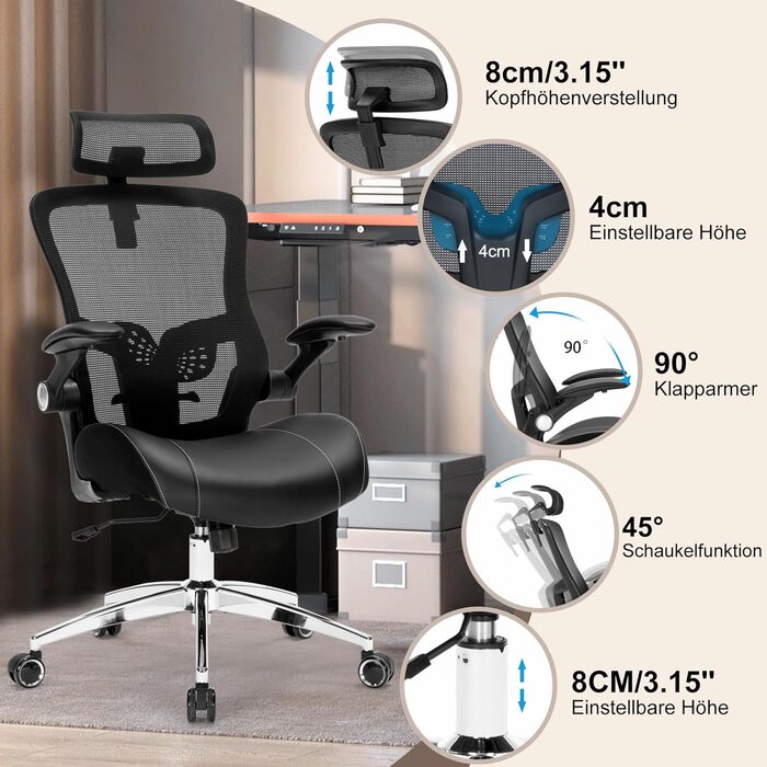 Офісний стілець 180 кг, ергономічний стілець для столу, комп&39ютерний стілець, обертовий стілець, офісні стільці, сітчастий стілець з регульованим підголівником, поперековою опорою, відкидними підлокітниками та латексною подушкою сидіння