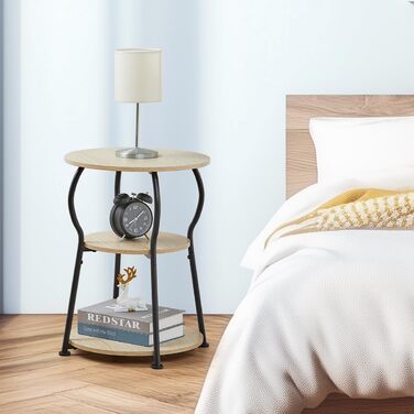 Круглий журнальний столик, 3-ярусний вінтажний журнальний столик, невеликий з міцним металевим каркасом, тумбочка біля ліжка, невеликий круглий диванний столик для вітальні, спальні, балкону, 40 x 40 x 55 см (дуб).