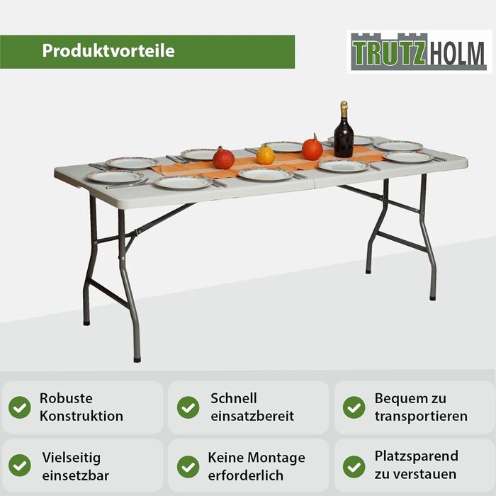 Садовий стіл TRUTZHOLM, стіл для розпродажу, обідній стіл, стіл для пивного намету, розкладний стіл, білий, 180 x 75 x 74 см, складаний, кемпінговий стіл, стіл для вечірок на 8 осіб з ручкою для перенесення