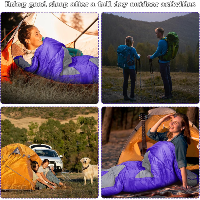 Спальник на 3-4 сезони, для кемпінгу на природі, теплий, одномісний розмір для дорослих, водонепроникний, легкий, надлегкий, для дорослих та дітей, для кемпінгу, походів, подорожей, фіолетовий