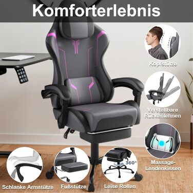 Ігрове крісло YHome, офісне крісло, регульоване по висоті, з підголівником, вібраційним масажем, поперековою подушкою, підставкою для ніг та підлокітниками, ергономічне ігрове крісло, велюрове покриття (чорнийсірийфіолетовий)