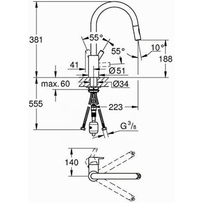 Кухонний змішувач GROHE Feel, 2 режими струменя (з висувним виливом, поворот на 360, економія води завдяки регулятору витрати, монтаж без інструментів), хром, 31486001