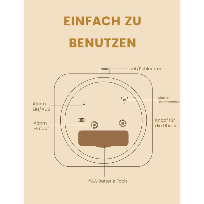 ВищеГодинник будильник аналоговий без цокання, будильник дерев'яний з дрімотою, тумбочка настільний годинник з нічником, ретро-будильник аналоговий на батарейках (потрібна батарея 1*AA - натуральне дерево світло-коричневого кольору (квадрат, світло-коричн