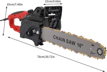 Вт Потужна ланцюгова пила електрична 16-дюймова шина, двигун 220 В, електрична ланцюгова пила Дротяна ланцюгова пила електрична, натягування ланцюга без інструменту, макс. швидкість ланцюга 650 м/хв, 2000
