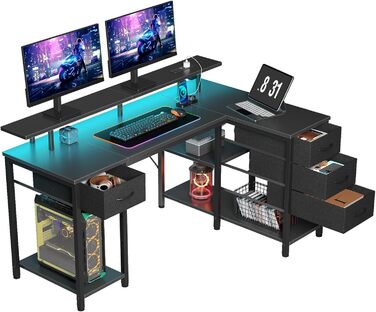 Г-подібний комп&39ютерний стіл на сім столів з 4 шухлядами та полицями, ігровий стіл зі світлодіодним освітленням та розетками, ігровий стіл з підставкою для монітора для домашнього офісу, спальні, вітальні (чорний, 120 см) Чорний 120 см