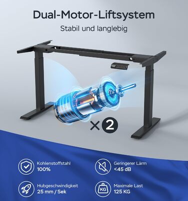 Регульована по висоті каркас столу з 2 потужними двигунами, регульована по висоті каркас столу, електрично регульовані ніжки столу з 4 налаштуваннями пам&39яті (чорний)