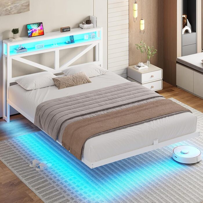 Плаваючий каркас ліжка 140x200 зі світлодіодним освітленням та зарядною станцією, Плаваючий каркас ліжка з узголів&39ям для зберігання, Металеве ліжко з металевою рейковою основою, Гостьове ліжко, Двоспальне ліжко, Дитяче ліжко - без матраца, 140 x 200 см